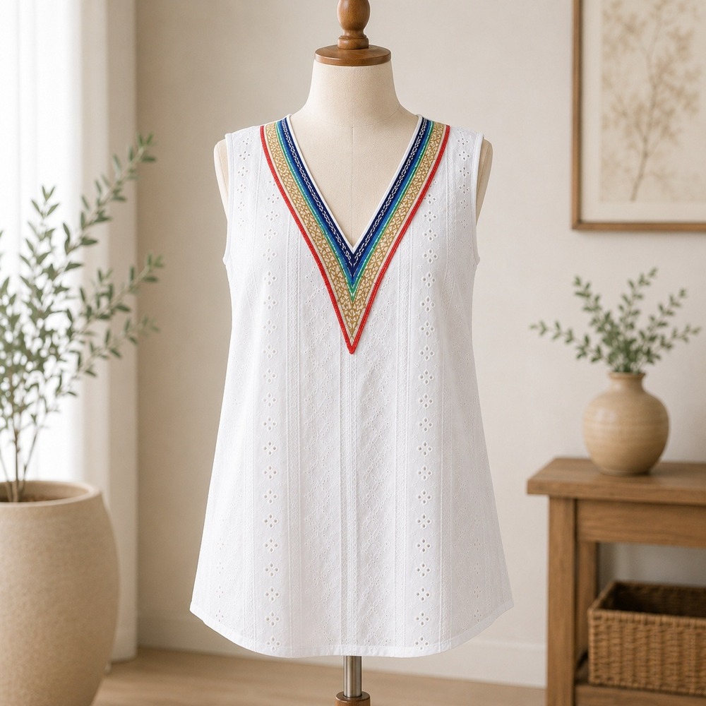 NWT Cupshe Eyelet Tank Top Womens XL White Embroidered V-Neck Sleeveless Boho